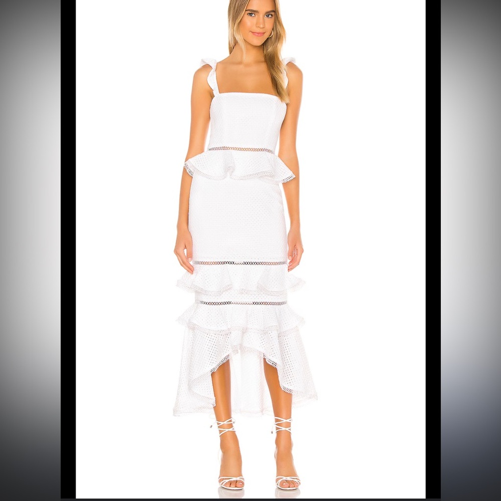 NBD White High-Low Ruffle Eyelet Dress